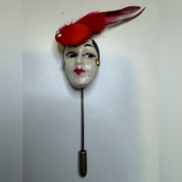 Jewelry - Vintage Face Brooch with Red Feather